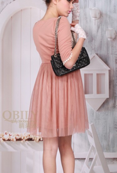 Pink color dress with  white color lace